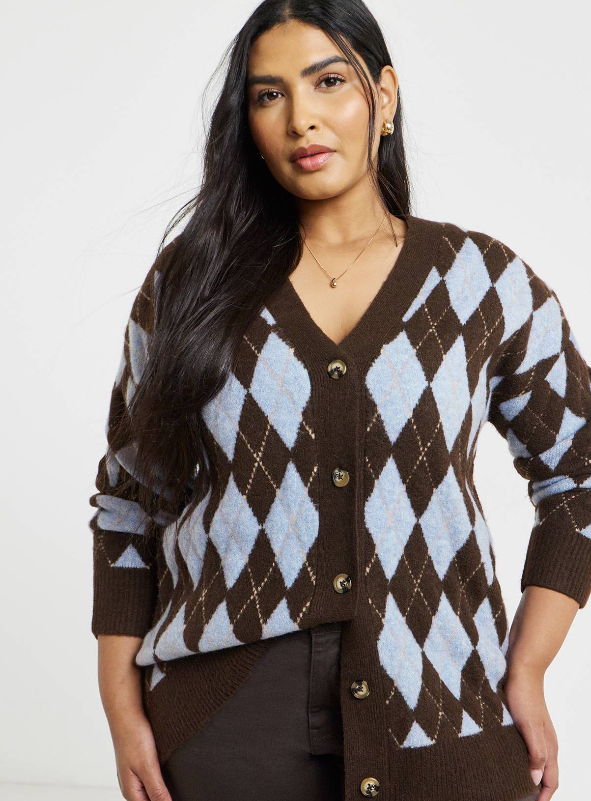 SIMPLY BE Sponge Argyle Boyfriend Cardigan 20-22 - Image 1
